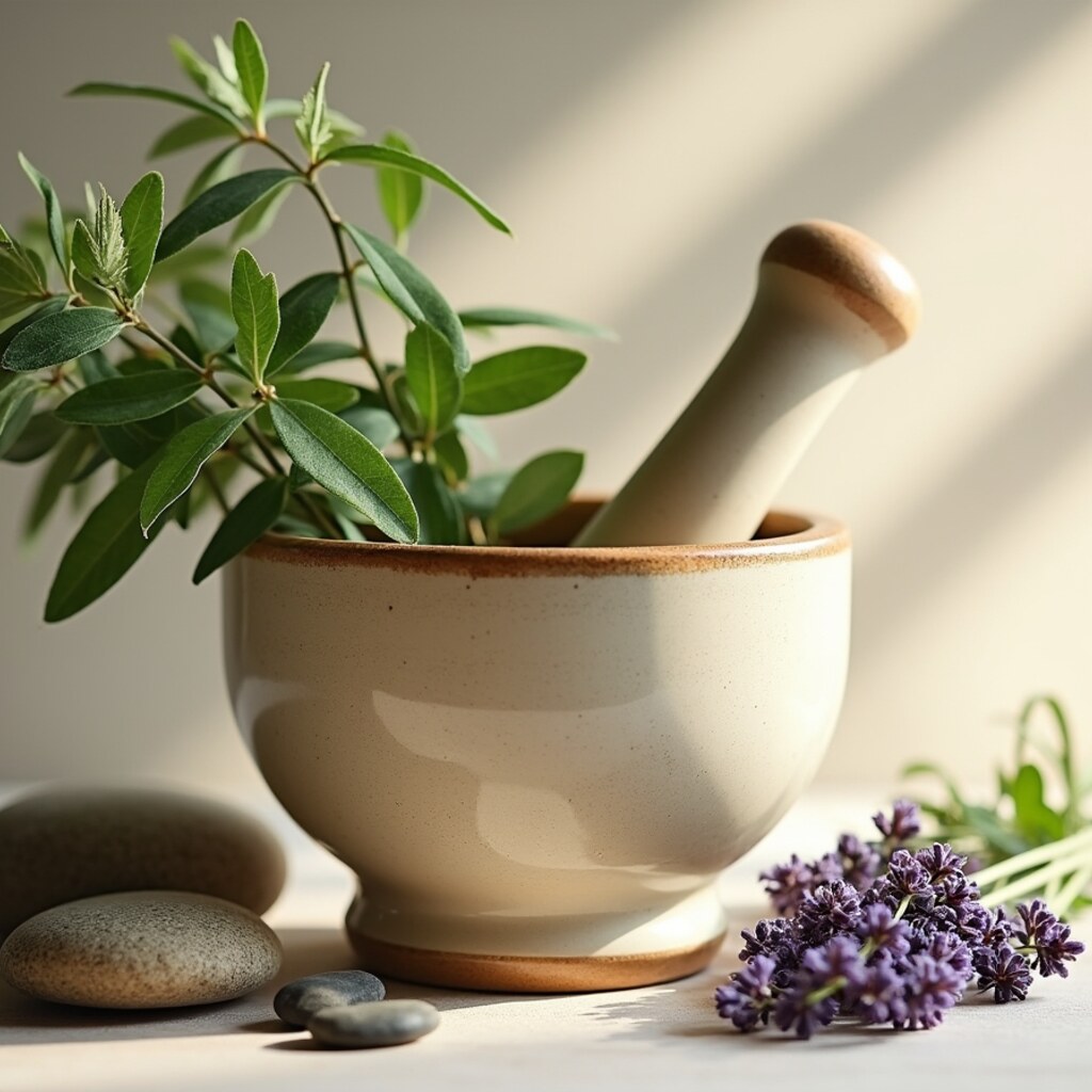 Botanical still life with mortar and pestle, sage, and cream tones