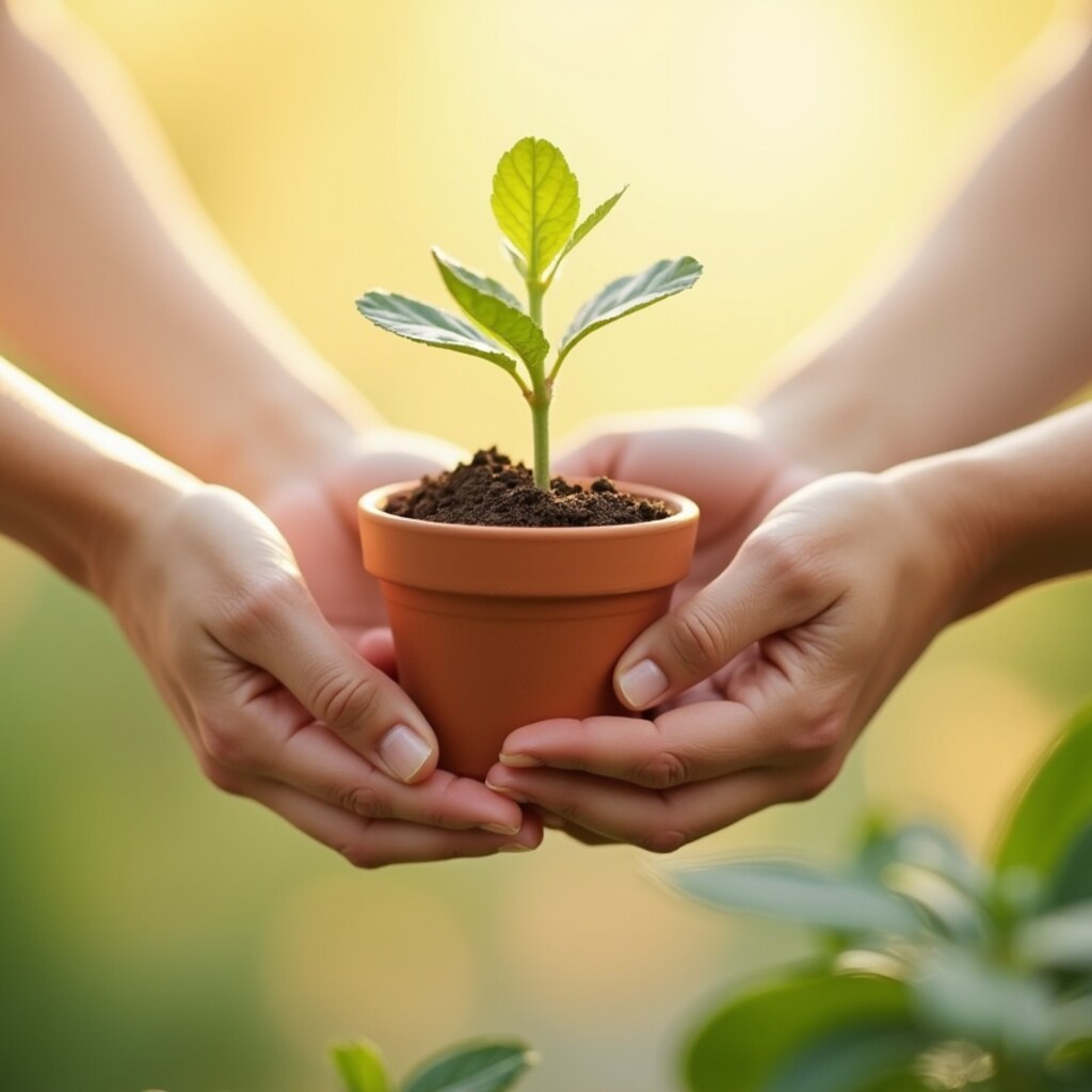Warm hands passing a small terracotta pot with a young seedling — Woosah United membership